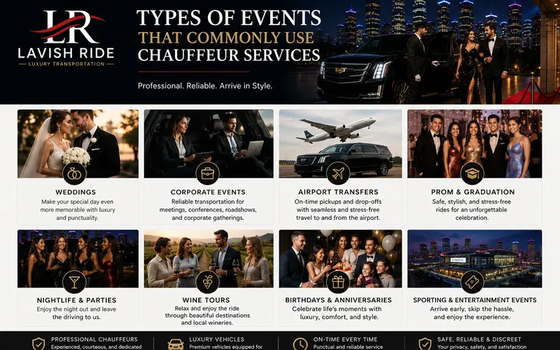 Types of events that commonly use chauffeur services in Houston including weddings, corporate events, airport transfers, nightlife, and private celebrations with luxury transportation options